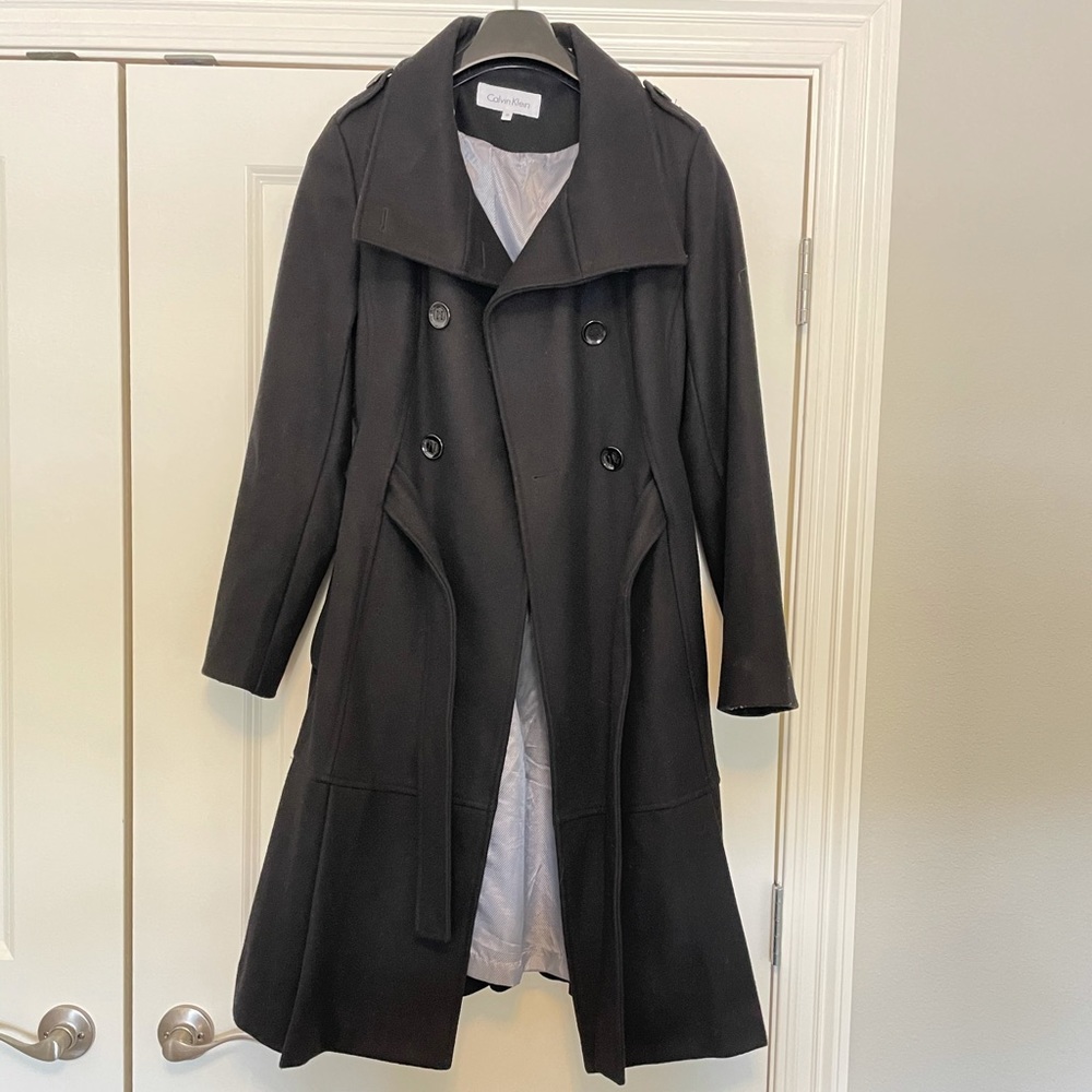 CALVIN KLEIN Double Breasted Pleated Wool Pea Coat